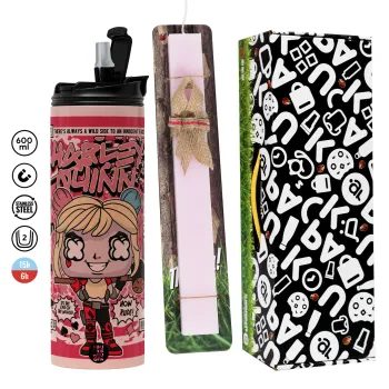 Harley Quinn (Χάρλεϊ Κουίν), Πασχαλινή Λαμπάδα με  ΡΟΖ Travel Tumbler θερμό (600ml, BPA free) & κερί αρωματικό πλακέ (30cm) (ΡΟΖ)