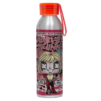 Harley Quinn (Χάρλεϊ Κουίν), Αλουμινένιο Αθλητικό Μπουκάλι 650ml – Ασημί με Κόκκινο Καπάκι και Λουράκι Σιλικόνης