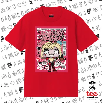 Harley Quinn (Χάρλεϊ Κουίν), Κλασικό T-Shirt, διπλής ραφής, χωρίς πλευρικές ραφές ΚΟΚΚΙΝΟ από 100% βαμβάκι. Vegan & OEKO-TEX πιστοποιημένο.