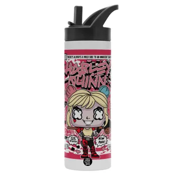Harley Quinn (Χάρλεϊ Κουίν), Metallic thermos bottle with straw & handle, stainless steel (Stainless steel 304), double-walled, 600ml.
