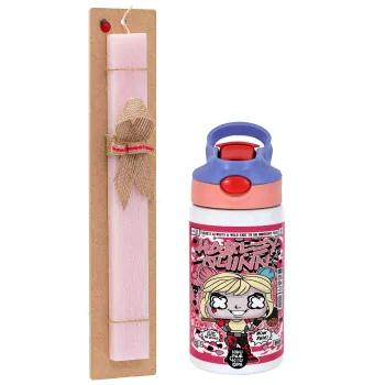 Harley Quinn (Χάρλεϊ Κουίν), Πασχαλινή Λαμπάδα με Παιδικό παγούρι θερμό, ανοξείδωτο, με καλαμάκι ασφαλείας, ροζ/μωβ (350ml) & κερί αρωματικό πλακέ (30cm) (ΡΟΖ)