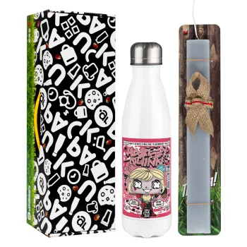 Harley Quinn (Χάρλεϊ Κουίν), Easter candle, metallic white thermos bottle (500ml) & aromatic flat candle (30cm) (GRAY)