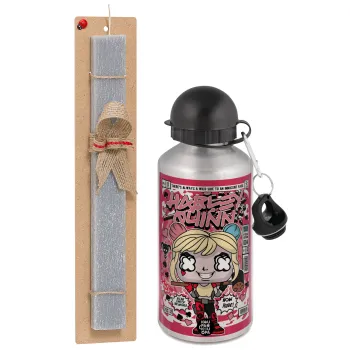 Harley Quinn (Χάρλεϊ Κουίν), Πασχαλινή Λαμπάδα με παγούρι μεταλλικό Ασημένιο αλουμινίου (500ml) & κερί αρωματικό πλακέ (30cm) (ΓΚΡΙ)