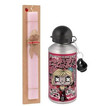 Harley Quinn (Χάρλεϊ Κουίν), Easter Set, metallic Silver aluminum water bottle (500ml) & scented flat Easter candle (30cm) (PINK)