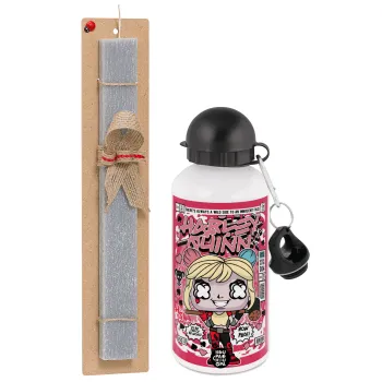 Harley Quinn (Χάρλεϊ Κουίν), Πασχαλινή Λαμπάδα με παγούρι μεταλλικό  αλουμινίου (500ml) & κερί αρωματικό πλακέ (30cm) (ΓΚΡΙ)