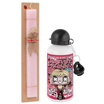 Harley Quinn (Χάρλεϊ Κουίν), Πασχαλινή Λαμπάδα με παγούρι μεταλλικό αλουμινίου (500ml) & κερί αρωματικό πλακέ (30cm) (ΡΟΖ)