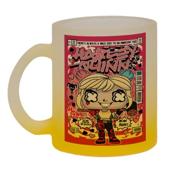 Harley Quinn (Χάρλεϊ Κουίν), Κούπα γυάλινη δίχρωμη με βάση το κίτρινο ματ, 330ml