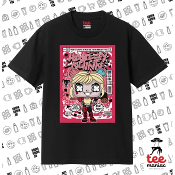 Harley Quinn (Χάρλεϊ Κουίν), Κλασικό T-Shirt, διπλής ραφής, χωρίς πλευρικές ραφές ΜΑΥΡΟ από 100% βαμβάκι. Vegan & OEKO-TEX πιστοποιημένο.