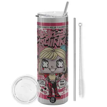 Harley Quinn (Χάρλεϊ Κουίν), Tumbler ποτήρι θερμό Ασημένιο από ανοξείδωτο ατσάλι 600ml, με μεταλλικό καλαμάκι & βούρτσα καθαρισμού