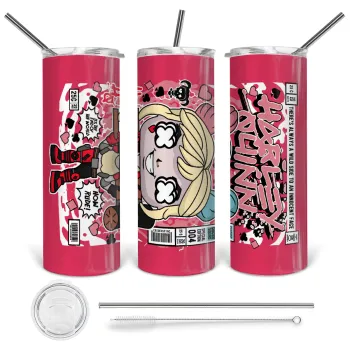 Harley Quinn (Χάρλεϊ Κουίν), Tumbler ποτήρι θερμό από ανοξείδωτο ατσάλι 600ml, με μεταλλικό καλαμάκι & βούρτσα καθαρισμού