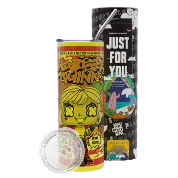 Harley Quinn (Χάρλεϊ Κουίν), Neon Yellow Travel Tumbler θερμό, μεταλλικό καλαμάκι(Ανωξείδωτο 304 Food grade, BPA free, 600ml)