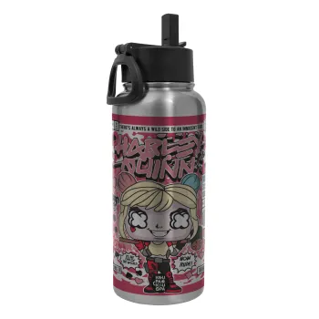 Harley Quinn (Χάρλεϊ Κουίν), Μεταλλικό παγούρι θερμός Silver με καλαμάκι και χερούλι (Stainless steel), διπλού τοιχώματος, 950ml