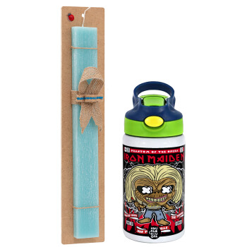 Iron maiden (eddie), Easter Set, Children's thermal stainless steel bottle with safety straw, green/blue (350ml) & aromatic flat Easter candle (30cm) (TURQUOISE)