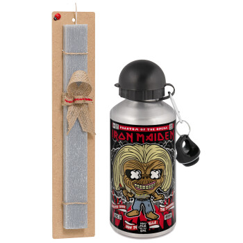 Iron maiden (eddie), Easter Set, metallic silver aluminum water bottle (500ml) & aromatic flat Easter candle (30cm) (GRAY)