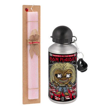 Iron maiden (eddie), Easter Set, metallic Silver aluminum water bottle (500ml) & scented flat Easter candle (30cm) (PINK)