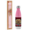 Easter Set, Metallic pink/white (Stainless steel) thermos, double-walled, 500ml & aromatic flat Easter candle (30cm) (PINK)