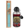 Easter Set, metallic silver aluminum water bottle (500ml) & scented flat Easter candle (30cm) (TURQUOISE)