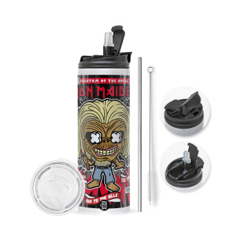 Iron maiden (eddie), Travel Tumbler 2 Lids, with metal straw & cleaning brush (Stainless steel 304 Food grade, BPA free, 600ml)