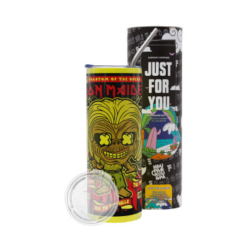 Iron maiden (eddie), Neon Yellow Travel Tumbler, with metal straw (Stainless steel 304 Food grade, BPA free, 600ml)