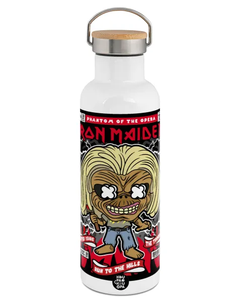 Iron maiden (eddie) — Stainless steel White with wooden lid (bamboo), double wall, 750ml