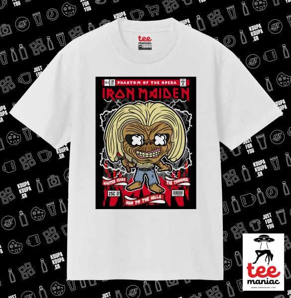 Iron maiden (eddie) — ΛΕΥΚΟ Κλασικό T-Shirt, διπλής ραφής, χωρίς πλευρικές ραφές από 100% βαμβάκι. Vegan & OEKO-TEX πιστοποιημένο.