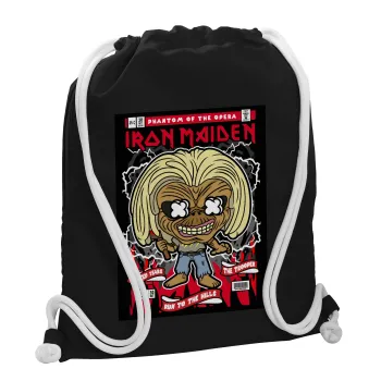 Iron maiden (eddie), Τσάντα πλάτης πουγκί GYMBAG Μαύρη, με τσέπη (40x48cm) & χονδρά λευκά κορδόνια