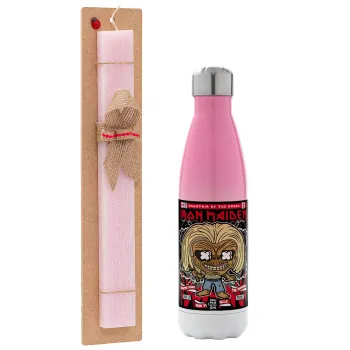 Iron maiden (eddie), Πασχαλινή Λαμπάδα με Μεταλλικό παγούρι θερμός Ροζ/Λευκό (Stainless steel), διπλού τοιχώματος, 500ml & κερί αρωματικό πλακέ (30cm) (ΡΟΖ)