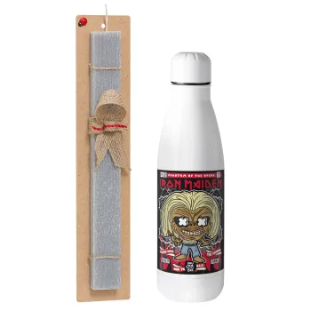 Iron maiden (eddie), Easter Set, metallic stainless thermos bottle (500ml) & scented flat Easter candle (30cm) (GRAY)