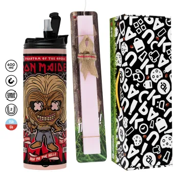Iron maiden (eddie), Easter candle,Travel Tumbler 2 Lids, with metal straw & cleaning brush & aromatic flat candle (30cm) (PINK)