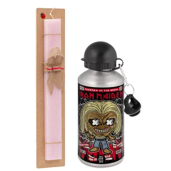Iron maiden (eddie), Easter Set, metallic Silver aluminum water bottle (500ml) & scented flat Easter candle (30cm) (PINK)