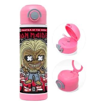 Iron maiden (eddie), Children's hot water bottle, stainless steel, with safety straw, PINK (500ml)