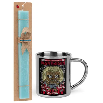 Iron maiden (eddie), Easter Set, metallic thermal cup (300ml) & aromatic flat Easter candle (30cm) (TURQUOISE)