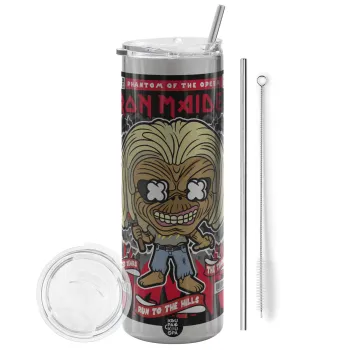 Iron maiden (eddie), Tumbler ποτήρι θερμό Ασημένιο από ανοξείδωτο ατσάλι 600ml, με μεταλλικό καλαμάκι & βούρτσα καθαρισμού