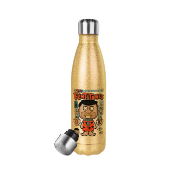 The flintstones, Glitter gold stainless steel thermos bottle, double-walled, 500ml