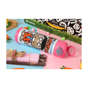 The flintstones, Πασχαλινή Λαμπάδα με Παιδικό παγούρι θερμό, ανοξείδωτο, με καλαμάκι ασφαλείας, ΡΟΖ (500ml)