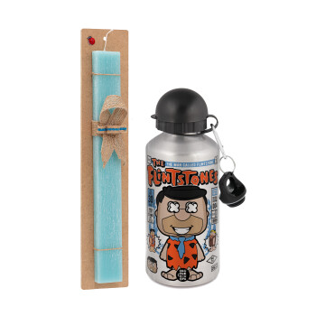 The flintstones, Πασχαλινή Λαμπάδα με παγούρι μεταλλικό Ασημένιο αλουμινίου (500ml) & κερί αρωματικό πλακέ (30cm) (ΤΙΡΚΟΥΑΖ)