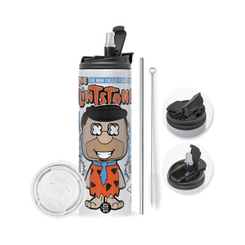 The flintstones, Travel Tumbler 2 Lids, with metal straw & cleaning brush (Stainless steel 304 Food grade, BPA free, 600ml)