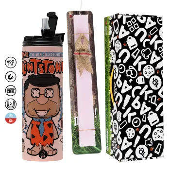 The flintstones, Πασχαλινή Λαμπάδα με  ΡΟΖ Travel Tumbler θερμό (600ml, BPA free) & κερί αρωματικό πλακέ (30cm) (ΡΟΖ)