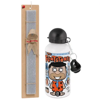 The flintstones, Πασχαλινή Λαμπάδα με παγούρι μεταλλικό  αλουμινίου (500ml) & κερί αρωματικό πλακέ (30cm) (ΓΚΡΙ)