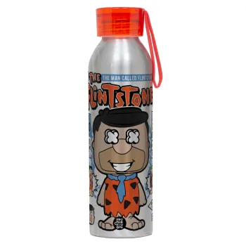 The flintstones, Αλουμινένιο Αθλητικό Μπουκάλι 650ml – Ασημί με Κόκκινο Καπάκι και Λουράκι Σιλικόνης