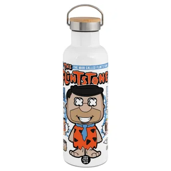 The flintstones, Μεταλλικό παγούρι θερμός (Stainless steel) Λευκό με ξύλινο καπάκι (bamboo), διπλού τοιχώματος, 750ml