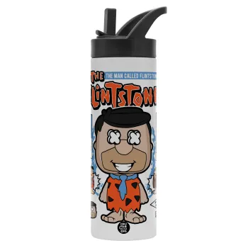 The flintstones, Metallic thermos bottle with straw & handle, stainless steel (Stainless steel 304), double-walled, 600ml.