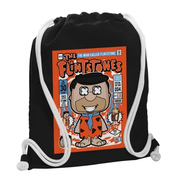 The flintstones, Τσάντα πλάτης πουγκί GYMBAG Μαύρη, με τσέπη (40x48cm) & χονδρά λευκά κορδόνια
