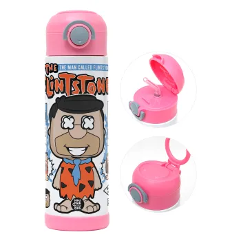 The flintstones, Children's hot water bottle, stainless steel, with safety straw, PINK (500ml)