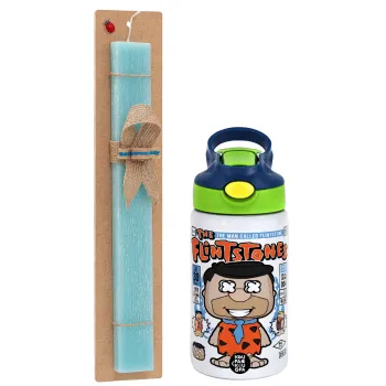 The flintstones, Easter Set, Children's thermal stainless steel bottle with safety straw, green/blue (350ml) & aromatic flat Easter candle (30cm) (TURQUOISE)