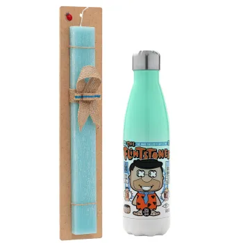 The flintstones, Easter Set, Metallic green/white thermos (Stainless steel), double-walled, 500ml & scented flat Easter candle (30cm) (TURQUOISE)