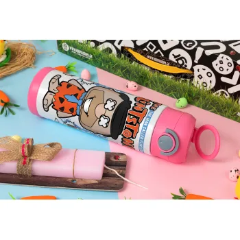 The flintstones, Πασχαλινή Λαμπάδα με Παιδικό παγούρι θερμό, ανοξείδωτο, με καλαμάκι ασφαλείας, ΡΟΖ (500ml)
