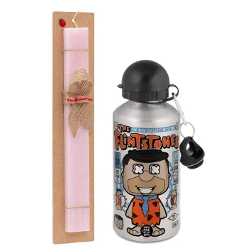 The flintstones, Easter Set, metallic Silver aluminum water bottle (500ml) & scented flat Easter candle (30cm) (PINK)