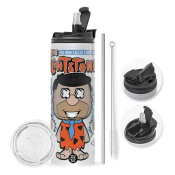 The flintstones, Travel Tumbler 2 Lids, with metal straw & cleaning brush (Stainless steel 304 Food grade, BPA free, 600ml)
