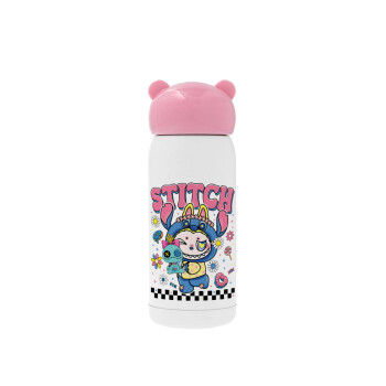 Labubu Stitch, Pink stainless steel thermal flask, 320ml